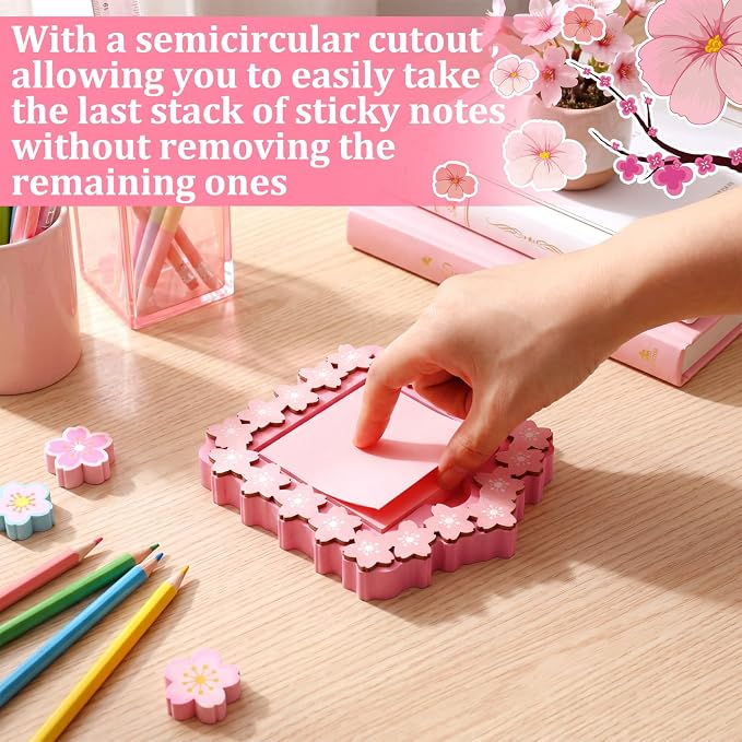 Cherry Blossom Sticky Note Holder Large Wood Notepad Dispenser 3 x 3 Sticky Notes Organizer Cute Self Stick Memo Pad Holder for Desk Office Back to School Gift, No Pads Included
