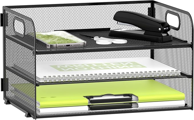 DALTACK 3 Tier Paper Organizer with Handle, Mesh Metal Desk Organizer with Sliding Paper Trays for Letter/A4 Paper, Mail, Bills & Folders, Black