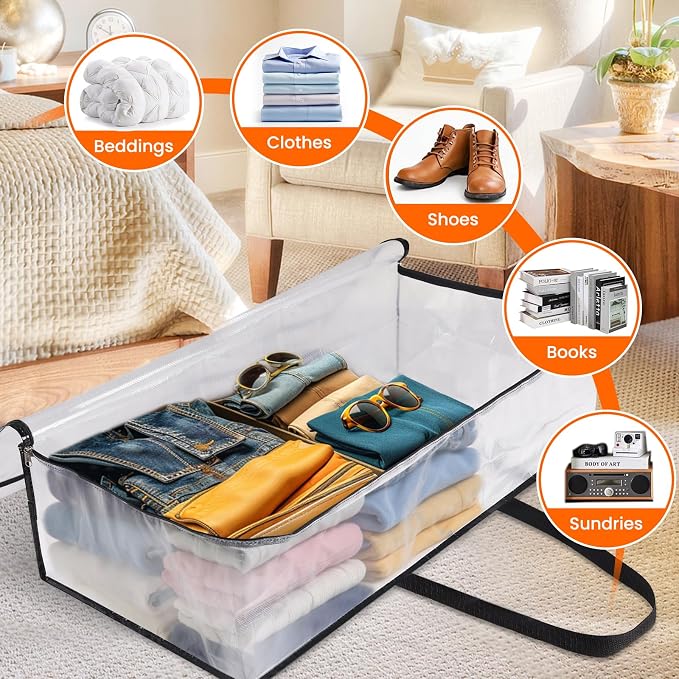 TasticTotes 6 Pack Clear Storage Bags for Comforter, 90L Long | Plastic Blanket Storage with Zipper & Handle, Foldable Moving Bags, Closet Organizer and Under-Bed Storage Containers