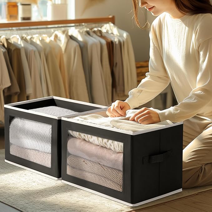 Homsorout Storage Boxes with Lids - 5 Pack Foldable Clear Window Storage Bins, Large Decorative Storage Bins with Handles, Storage Containers for Clothes, Towel, Blanket, Sheet, Black