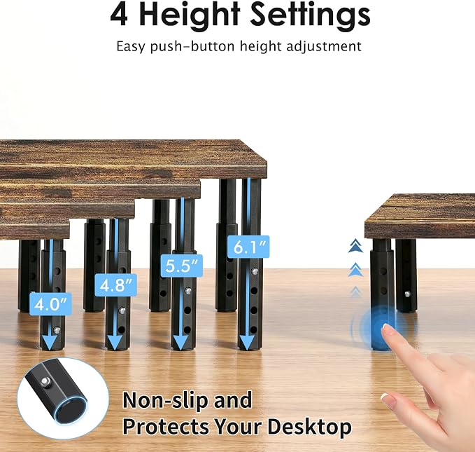 OPNICE Adjustable Monitor Stand Riser for Desk, Computer & Laptop Stand, Desk Organizers and Accessories, Office Desk Accessories & Workspace Organizer for Home Office, Brown Wood