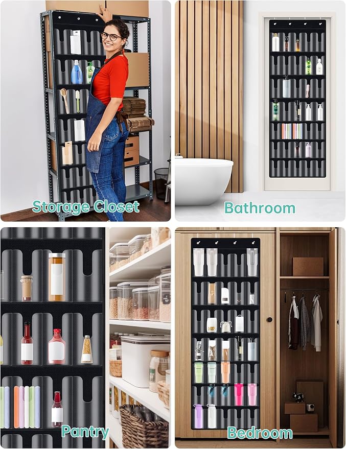 NiHome 35-Pocket Door Hanging Cup Organizer Fit for Stanley Tumbler 30 40oz | Large Capacity Over the Door Water Bottle Storage with Nano Tape, Waterproof Oxford Fabric, U-Shaped Handle Slots (Black)