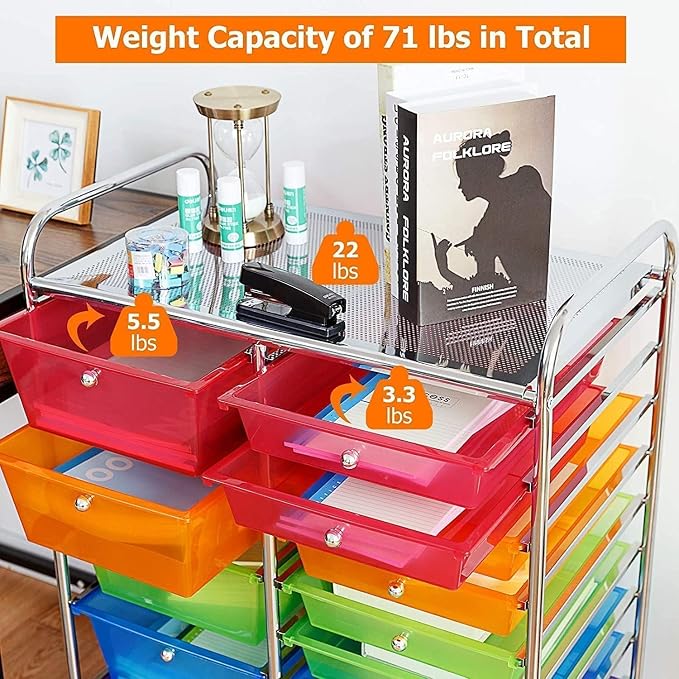 LUARANE Rolling Cart with 15 Drawers, Craft Storage Cart with Portable Handles & Lockable Wheels, Mobile Toys Organizer, Large Capacity Utility Drawer Cart Home Office School Teacher (Rainbow)