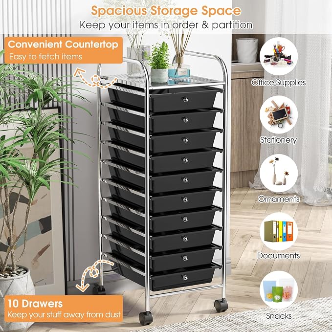 DREAMADE Rolling Cart with Storage Drawers, Utility Cart with Removable Plastic Drawers, Lockable Wheels, Art Cart for Classroom Organization Art Supplies Office Scrapbook (10 Drawers, Black)