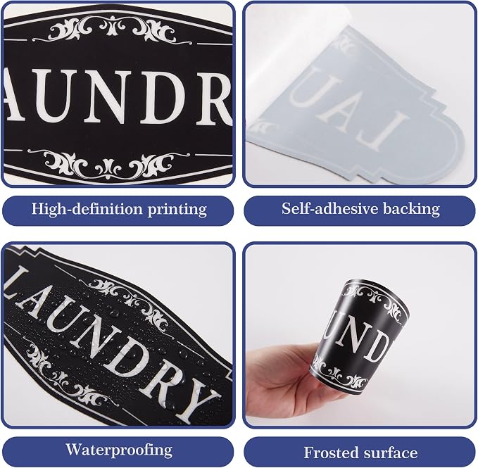 Laundry Room Door Sign for Business and Home，Self-adhesive Waterproof Cute Laundry Room Door Sticker Decals for House, Apartment, Hotel Laundromat Decor（Black）