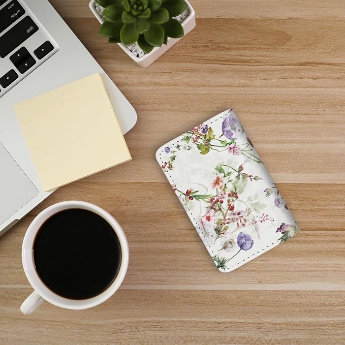 Business Card Holder，PU Leather Business Card Case Color Printing Pattern Card Holder Wallet，Pockets Magnetic Credit Card Holders for Men and Women - White Flowers