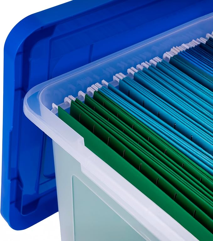 IRIS USA 3-Pack 35 Qt. Letter/Legal File Box with Lid, Clear/Blue | Protect important documents, letter and legal files with secure storage for home offices, moving, and long-term organization