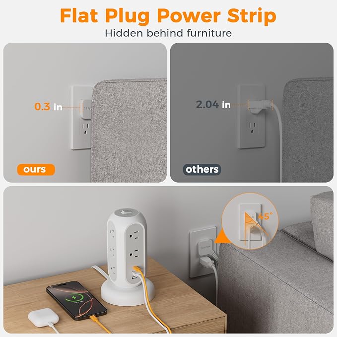 TESSAN Tower Power Strip Flat Plug with 1050J Surge Protection, 5 Ft, Black | 11 Outlets 3 USB (1 USB C), Surge Protector Power Tower, Retractable Extension Cord with Multiple Outlets for Dorm, Office