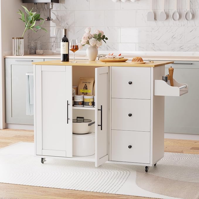 GRUSIGN 49.6" Kitchen Island on Wheels with Storage-Multifunctional Kitchen Island Cart with Drop Leaf, Rolling Island with Spice/Towel Rack,Expandable Island Table Kitchen,White