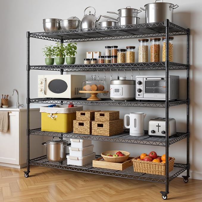 AIRAJ 5 Tier Wire Shelving | 46” W Rolling Wire Rack with Wheels | 3000 LBS Metal Shelving | Storage Shelves Heavy Duty | Garage Shelving Units and Storage | Adjustable Layer Height | 46”W×16”D×72”H