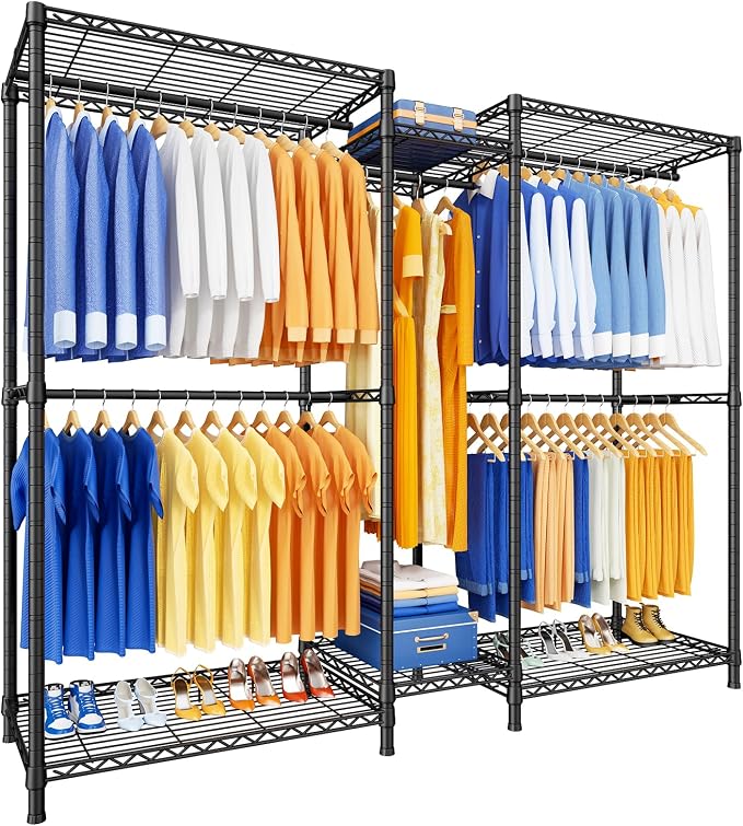Ulif E12 Pro Clothes Rack，Heavy Duty Freestanding Garment Rack with Shelves，Metal Clothing Closet Storage System for Hanging Clothes，71" W x 16" D x 76.5" H, Hold 960 lbs，Black