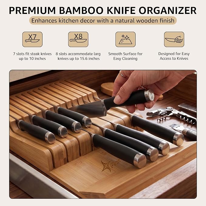 Flareware Bamboo Knife Drawer Organizer - 15-Slot In-Drawer Block for Steak & Large Knives, 2-Tier Bamboo Holder, Space-Saving Storage Organizer - (Knives Not Included)