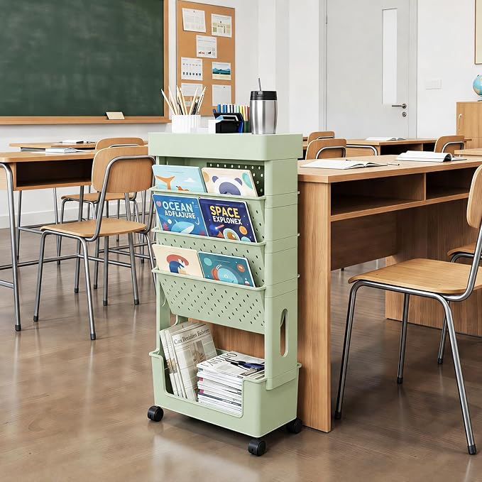 5-Tier Rolling Bookshelf Magazine Rack with Wheels Green | Mobile Bookcase, Book Storage, File Folder Organizer Cart for Home Study Office Living Room Classroom