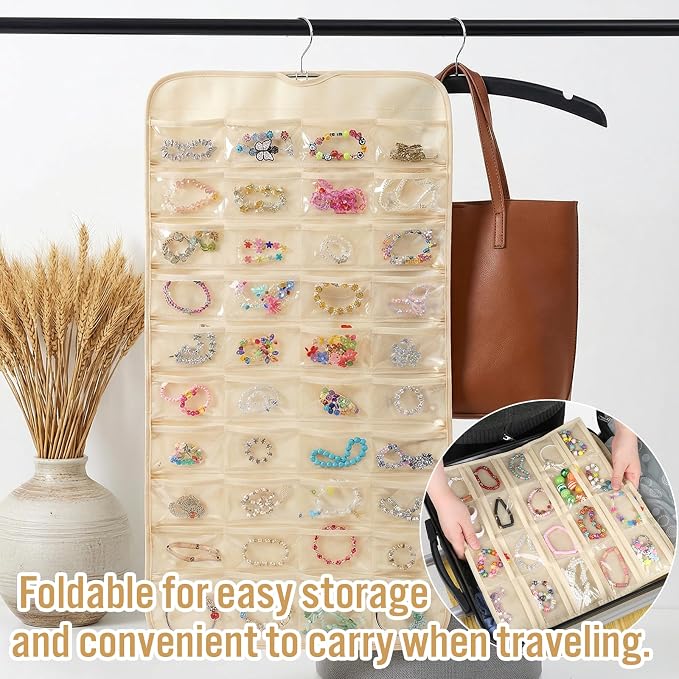 4 Pcs Hanging Jewelry Organizer with 80 Pockets | Dual-Sided Jewelry Holder Hanging Storage Organizer Hanger Closet for Bracelet Necklace Ring Earring Accessories, Beige