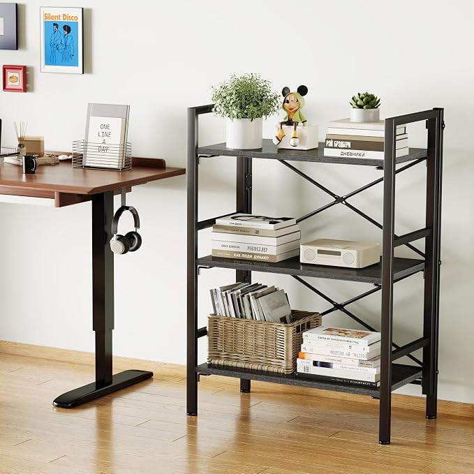 Homeiju Folding Bookshelf No Assembly, 3 Tier Bookcase Foldable Shelf with X-Bracket Design, Adjustable Feet, Space Saving Storage for Living Room, Office