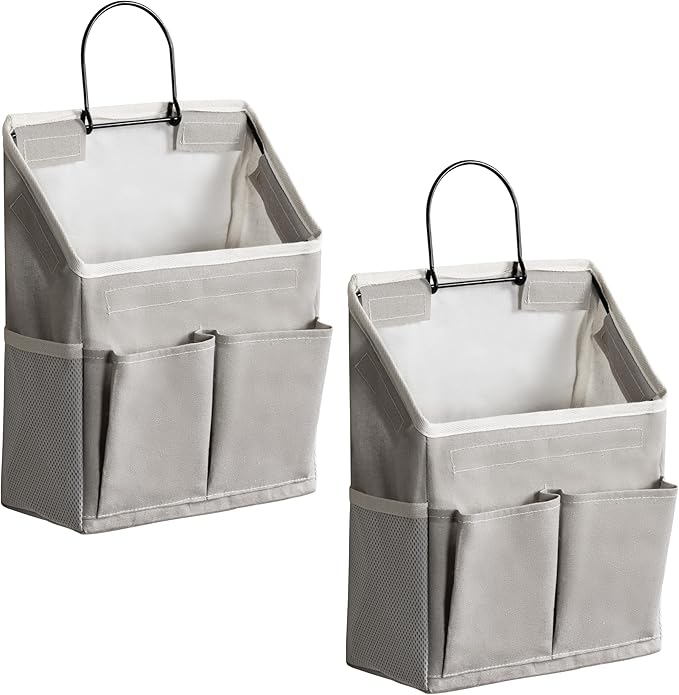 2pcs Wall Hanging Storage Bag, Small Door Closet Linen Fabric Pockets Organizer, Waterproof Multi Functional for Living Room Bedroom Bathroom Kitchen RV Camper with Hooks All Grey