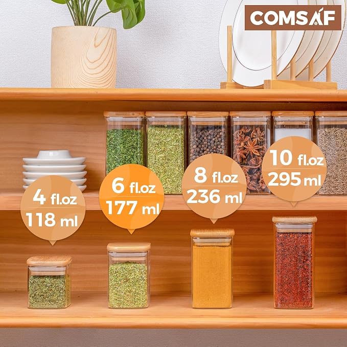 ComSaf Glass Spice Jars with Labels 6 oz 6 Pack Small Square Bamboo Lids | Empty Containers, Seasoning Herbs Powders, Salt Pepper Chili, Kitchen Cabinet Storage Starter Set, Dry Goods