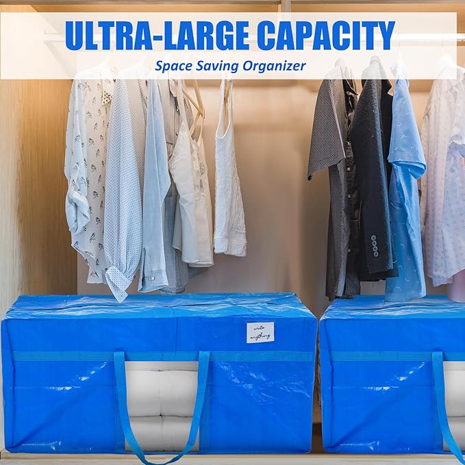4 Pack 66 Gallon Extra Large Moving Bags with Visible Window XXL Heavy Duty Storage Bag Jumbo Big Tote for College Dorm Clothes Blankets Space Saving Alternative to Moving Boxes(Blue)