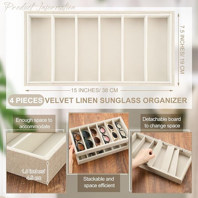 Juexica 4 Pcs Velvet Sunglasses Organizer Tray 6 Grid Sunglass Organizer Velvet Tray Stackable Glasses Display Case for Women Glasses Jewelry Display Watch (Linen)