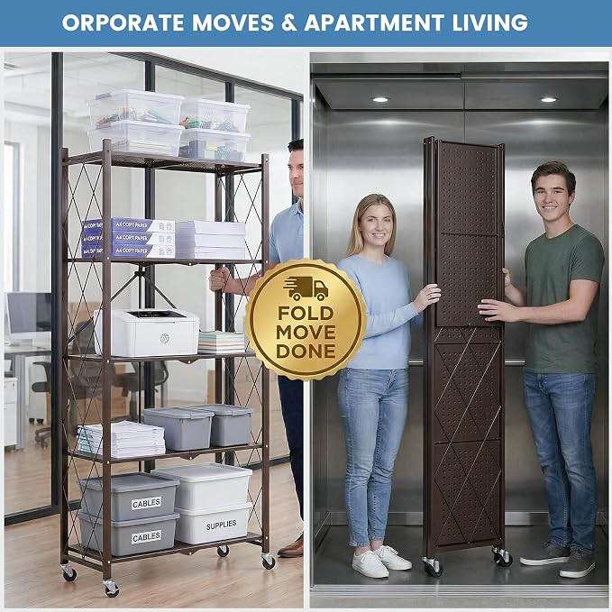 ALANNG 70.7" H Metal Storage Shelves, 5 Tier Folding Shelf on Wheels | Heavy Duty, No Assembly, Rolling, Collapsible Rack Unit for Kitchen, Basement, Pantry (Vintage Brown,3 Pack)
