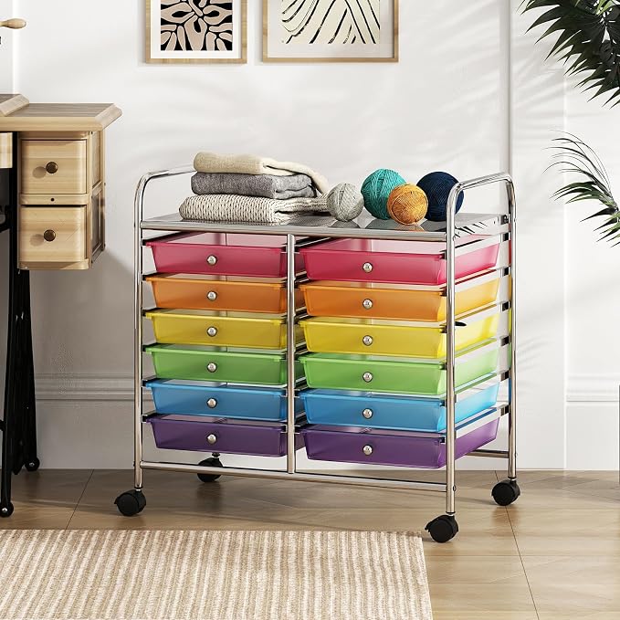 COSTWAY 12-Drawer Rolling Storage Cart, Utility Storage Organizer Cart | For Tools, Scrapbook, Paper, Craft, Multipurpose Art Supply Organizer on Wheels for Home Office School, Teacher, Rainbow
