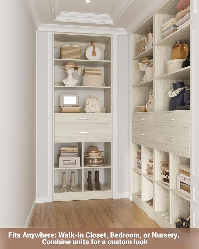 Besiost 22" Closet System with Drawers, Small Closet Organizer for Walk in Closet, Bedroom & Nursery, Wardrobe Storage Unit with Storage and Shelves, Enclosed Storage Volume 2.58 ft³, Greige Oak