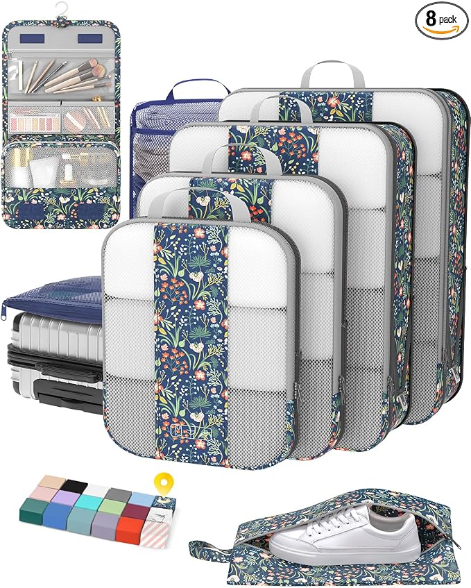 OlarHike 8 Set Compression Packing Cubes for Travel Essentials,Compressible Expandable Space Saver Bags for Organizing Clothes,Luggage Garment Bags with Over 1000 pcs Mesh Holes(Dark Blue Floral)