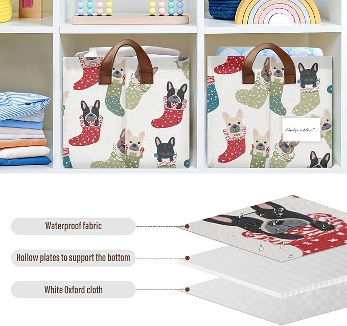 Cute Christmas French Bulldogs Storage Basket Foldable Cube Storage Bins with Handles&Label Waterproof Collapsible Organizer Box Bin Large Rectangle Decorative Baskets for Shelves Home Room Laundry
