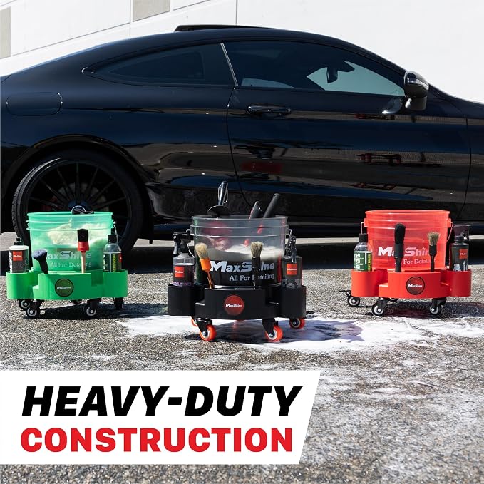 Maxshine Universal Rolling Bucket Dolly – Black Heavy-Duty Polypropylene Car Wash Bucket Cart with 5 Swivel Wheels, 5 Bottle & Brush Holders – Spill-Free Auto Detailing Storage & Garage Organization