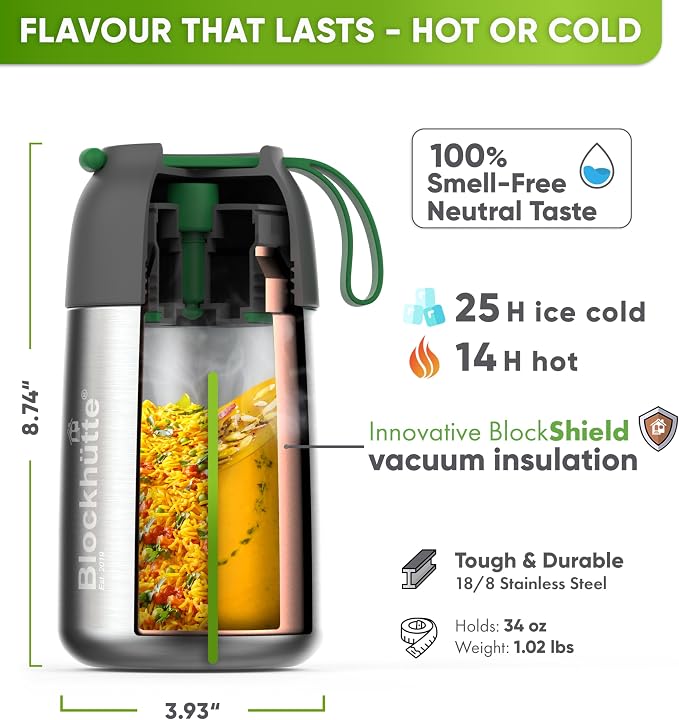Blockhütte Thermos for Hot Food 34 oz Silver with Custom Name Engraving – Leakproof Insulated Food Lunch Box BPA-Free Stainless Steel 14h Hot – Vacuum thermal lunch box Dishwasher Safe with Spork
