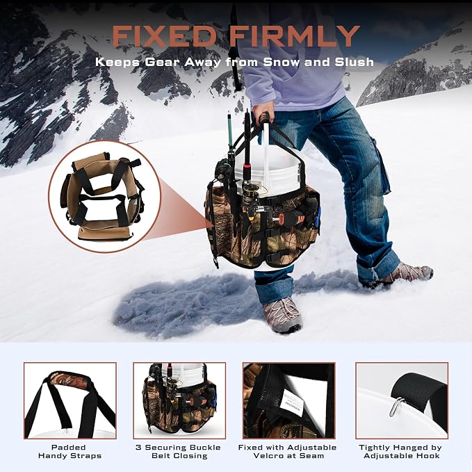 Boomistry Fishing Bucket Organizer for 5 Gallon Bucket, Brown Camo | 15 Multi-Pockets, 4 Built-in Rod Holder Storage, 3 Adjustable Buckles, for All Fishing Gear & Tackle Accessories