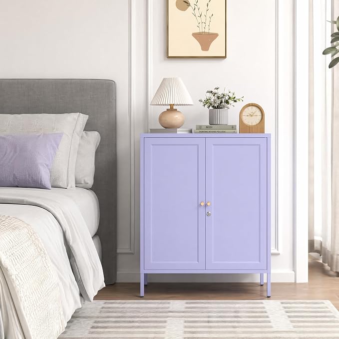 Lockable Metal Storage Cabinet with Adjustable Shelves, Multifunctional Versatile Storage Lockers, Durable Accent Sideboard for Entrance lingving Room Bathroom Purple 36" H X 31.5" W X 13.8" D