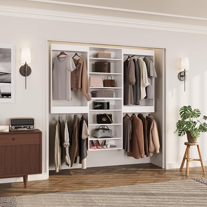 ROOMTEC Modular Closet System, 72" Wall-Mounted Closet Organizer with Hanging Rods and Shelves, Wooden Tower for Walk-In Closets, Wardrobe Storage Kit, White