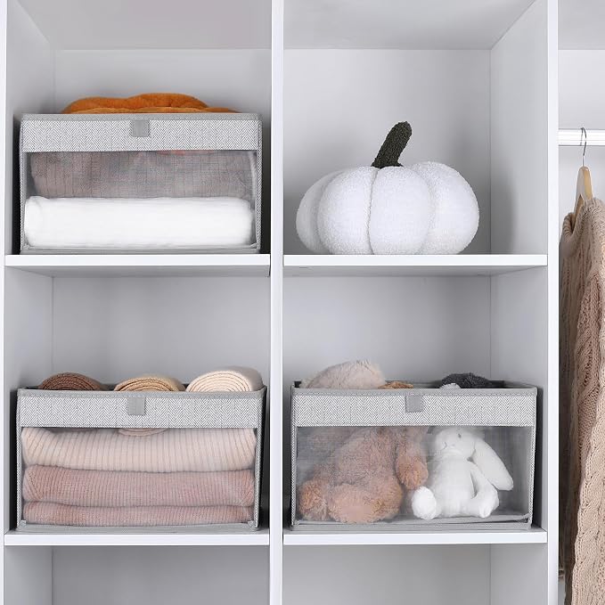 WUIKE 3 Pack Large Fabric Storage Baskets with Window, Herringbone Gray | Foldable Closet Storage Bins with Handles for Clothes, Towels, Blankets, Shelves and Linen Closet Organization