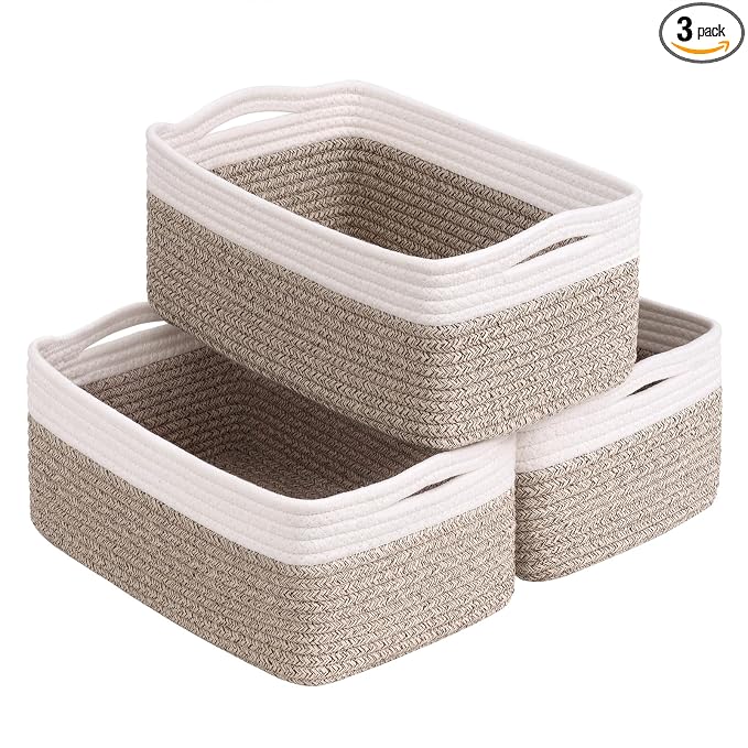 Goodpick Baskets for Organizing, 13 x 8 x5 in, Baskets for Shelves, Toy Storage, Home Decor, Dorm Decor 3 Pack for Bathroom, White & Light Brown