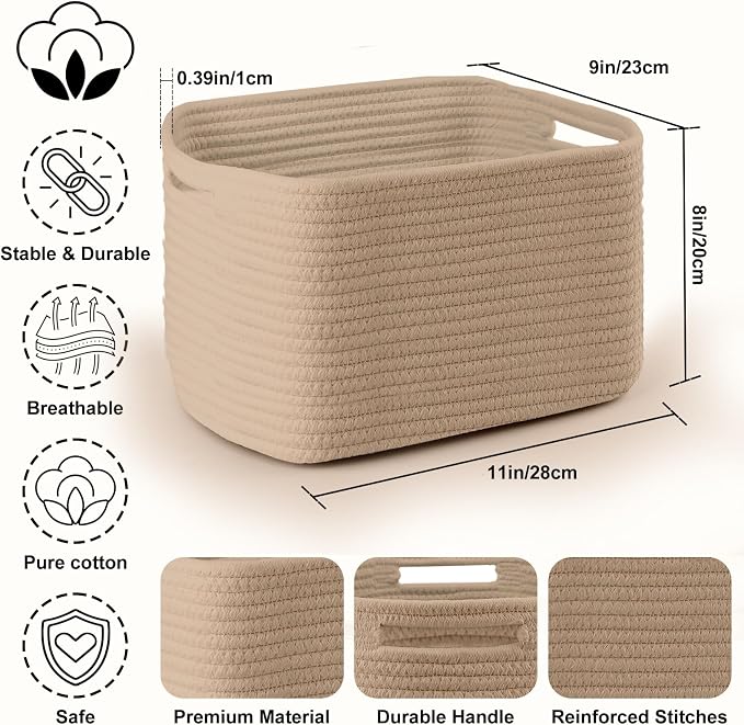 4 Pack Storage Baskets for Organizing, 11''Lx9''Wx8''H Woven Baskets for Storage Toys, Towels, Books, and Clothes, Cotton Rope Basket for Shelves with Handle White & Brown