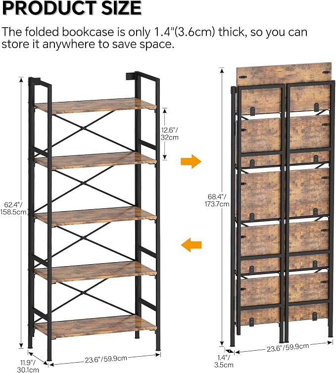 Homeiju Folding Bookshelf,5 Tier Bookcase Foldable Shelf with X-Bracket Design, Adjustable Feet, Space Saving Storage for Living Room, Office, Rustic Brown