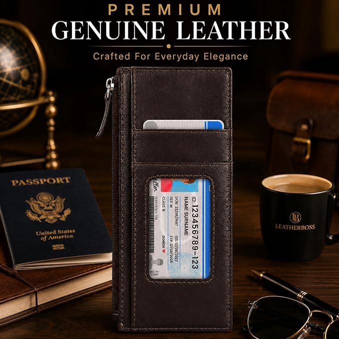 Leatherboss Genuine Leather Women's All in One Credit Business Card Case Holder Slim Zipper Wallet With a Card Protection Strap, Brown