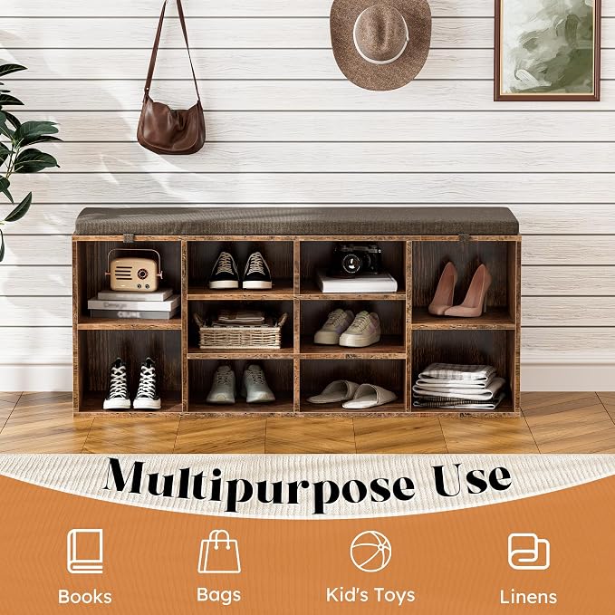 Shoe Storage Bench with Cushion, 41'' Long Entryway Bench with 10 Compartments Shoe Rack, Multifunctional Cubby Storage Organizer for Living Room, Hallway, Bedroom and Closet, Brown