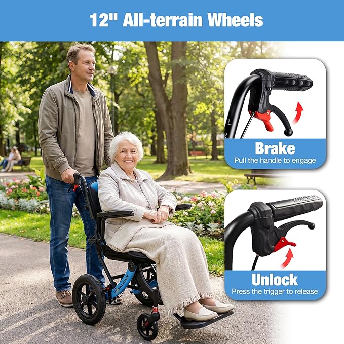 Wheelchairs for Adults Ergonimic Transport Chair Lightweight Foldable with Telescopic Handle 11-inch Big Wheels for All Terrains Travel Wheelchair with Removable Cushion