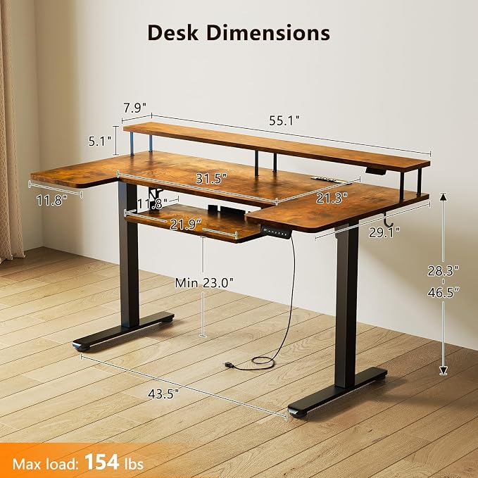 OffiGo 55 Inch U Shaped Standing Desk with Keyboard Tray, Rustic Brown | 3 Outlets & 2 USB Ports, Monitor Stand, 10 Colors & 10 LED Modes, 3 Presets, 28.3"-46.5"in Range, 154 lb Capacity
