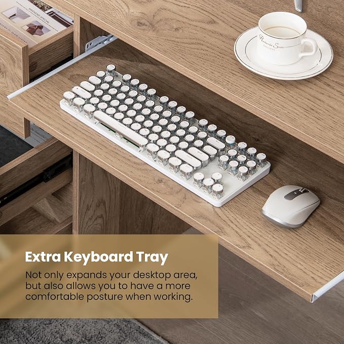 DREAMADE 42" Computer Desk with 3 Drawers and Keyboard Tray, Natural | Wood Study Desk with Storage, Built-in Charging Station & Slide Out Tray, Writing Table for Home Office Studyroom & Bedroom