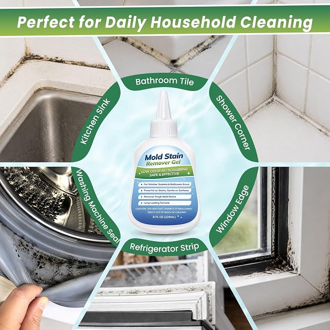 Mold-Stain Remover Gel for Washing Machine Seal & Bathroom – Low Odor Gel for Front Load Washer Gasket, Shower Grout, Caulk, Silicone Sealant, Tile & Kitchen Sink