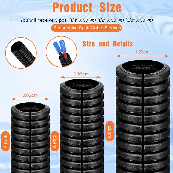 Sasylvia 1/4", 1/2", 3/8" x 50 Ft Split Wire Loom Tubing Wire Loom Assortment Split Cable Sleeves Bulk Flexible Electrical Conduit Protective kit