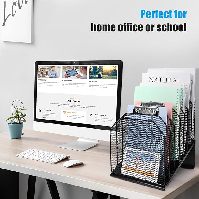 SUMMORO Inclined File Organizer for Desk, 7-Section Vertical File Folder Holder Office Desk Organizer Metal Rack File Wire Mesh Desktop Document Sorter for Office School Classroom Home (Black)