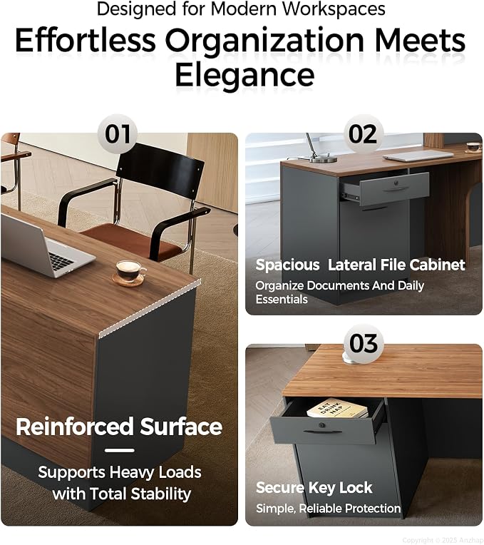 Modern L-Shaped Reception Desk with Counter - 87 inch Front Desk with Storage Cabinet, Open Shelves, Lockable Drawer & Keyboard Tray for Office, Lobby, Checkout (Red Walnut & Iron Gray - Left)