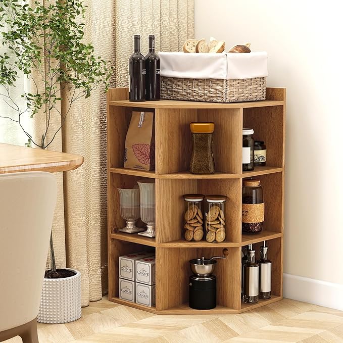 Giantex 3-Tier Corner Cabinet with Charging Station, Corner Shelf with 9 Cubbies, 1 USB Port & 1 Type-C Port, 4 Outlets, Cube Bookshelf, Storage Organizer for Small Spaces, Playroom, Living Room