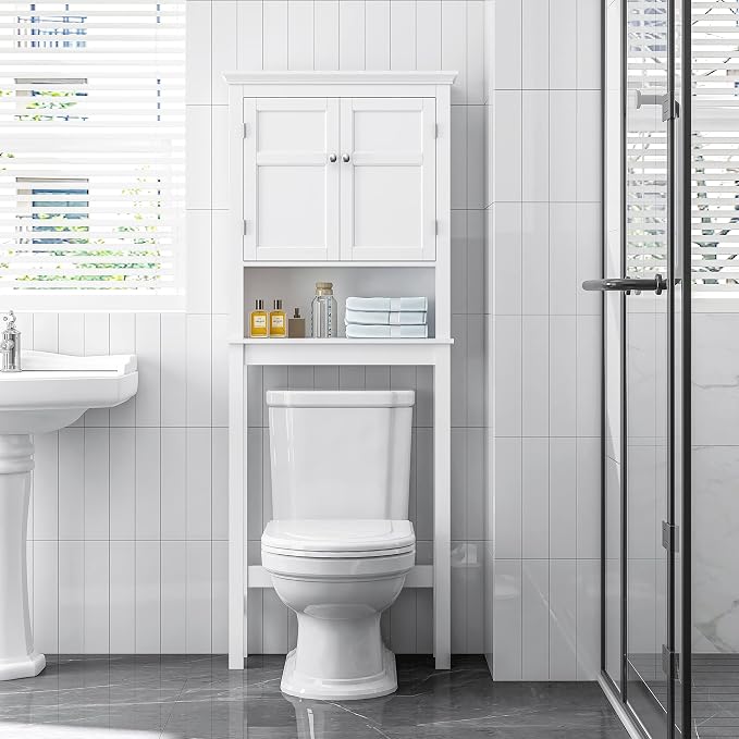 UTEX Over the Toilet Storage Cabinet with Doors and Adjustable Shelf, White | Open & Hidden Bathroom Storage, Anti-tip Bracket, Adjustable Lower Crossbar, 33-Inch Clearance, FSC-certified Engineered Wood