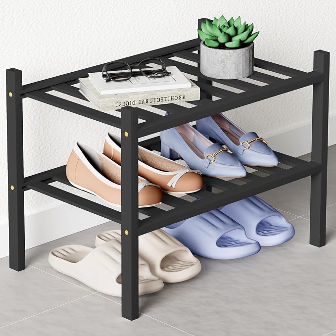 Smiry Bamboo Shoe Rack for Closet, 2 Tier Small Wooden Shoe Organizer, Stackable Wood Shoe Storage Shelf for Entryway, 14 Vertical Slats, One-piece Heavy-Duty Legs, 17.32"x11.02"x12.99", Black