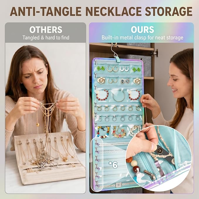 32-Pocket Hanging Jewelry Organizer and Foldable Travel Roll | Clear Zippered Pockets, Necklace Clasps, Swivel Hook and Carry Buckle Keep Pieces Visible and Tangle-Free, Green